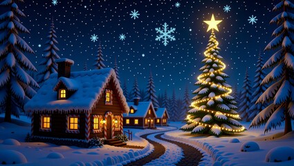 Snowy night with illuminated house and Christmas tree