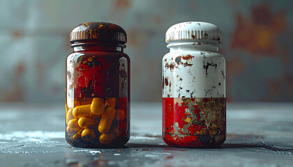 Medicine bottles: Illustrating the impact of medicine consumption and its side effects through two bottles of medication.