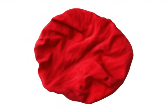 Red fabric sheet with crumpled texture and soft folds on transparent background, top view laying flat