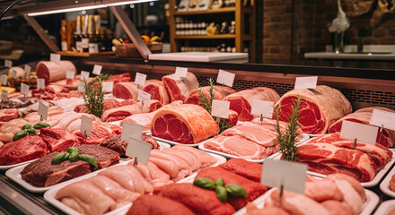 Butcher shop display featuring a variety of fresh meats including beef, pork, and chicken, beautifully arranged with herbs and labels, showcasing quality groceries for culinary enthusiasts 