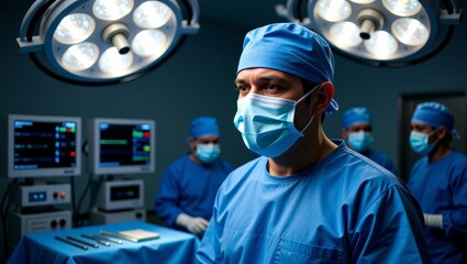 Surgeons in surgery room with surgical lights and monitors
