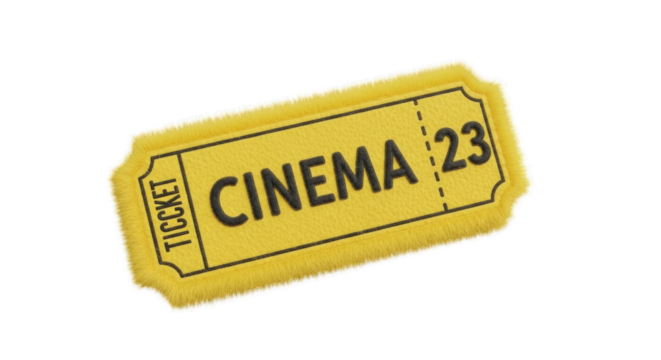 Yellow cinema ticket with the words cinema and number twenty three.