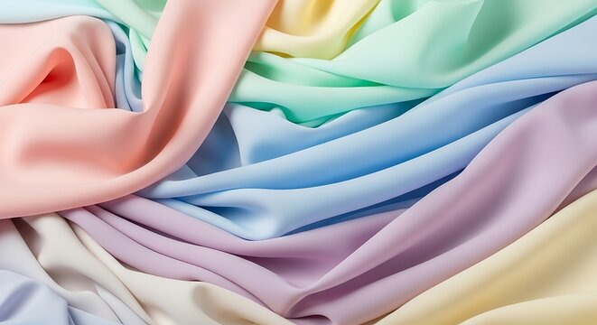Pastel Dreams: An array of soft satin fabric in delightful hues creating a serene and elegant composition - Powered by Adobe