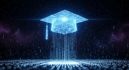 Glowing blue digital graduation cap emitting data streams in a dark, abstract technological cyberspace environment representing online learning and future education