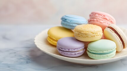 Obraz premium Colorful French Macarons on a White Plate.