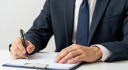 A man in a suit writing on a notepad with a pen.