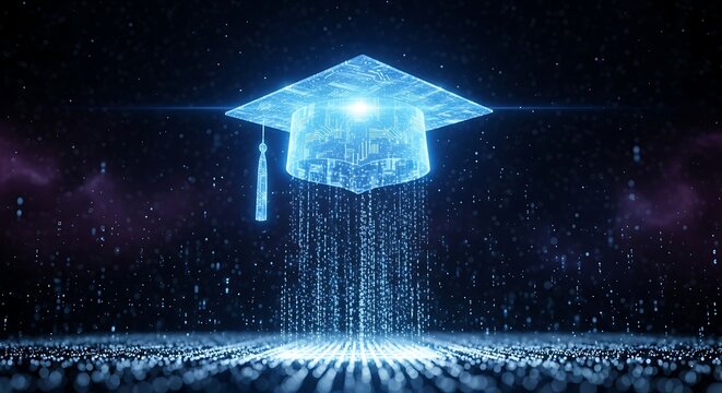 Glowing blue digital graduation cap emitting data streams in a dark, abstract technological cyberspace environment representing online learning and future education