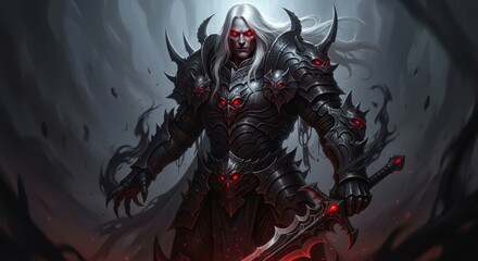 Fantasy warrior clad in dark armor with glowing red eyes holds a sword in a menacing pose ready for battle