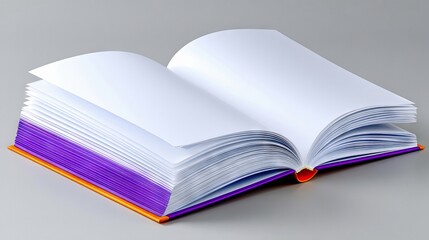 An open book with blank white pages, purple and orange binding, and a gray background.