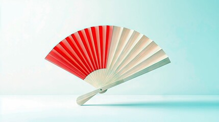 An open hand fan with red and white segments is displayed against a teal background, creating a minimalist and elegant composition.