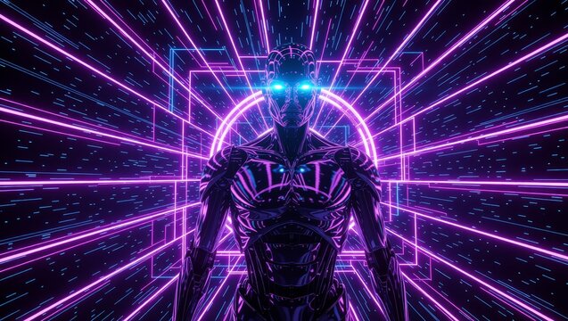 Cybernetic humanoid robot with glowing eyes in neon digital space - Powered by Adobe