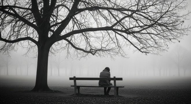 Solitary figure seeks solace on park bench amidst ethereal fog and bare winter trees offering quiet reflection