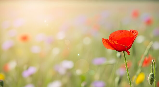 A vibrant red poppy flower in a field of colorful wildflowers under a bright, sunny sky. - Powered by Adobe