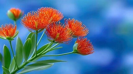 Close-up of vibrant orange flowers with green leaves against a blurred blue background. The image evokes a sense of natural beauty and tranquility.