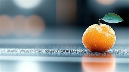 Close-up of a single orange fruit with a green leaf, covered in water droplets, resting on a reflective surface. Moody lighting with a blurred background.