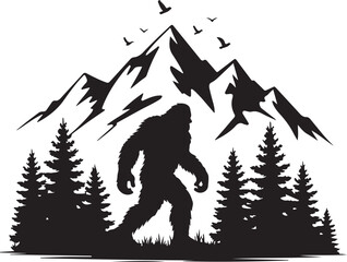 Bigfoot explores forest with mountains and trees silhouette 