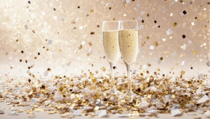 Two champagne flutes filled with bubbly, amidst falling golden confetti, against soft light
