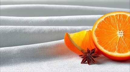 Close-up of vibrant orange slices and a star anise spice arranged on a textured, light-colored fabric surface. The lighting is bright and highlights the details