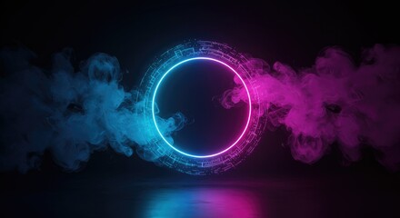 Neon circle glows with vibrant blue and pink smoke swirling on a dark, reflective surface
