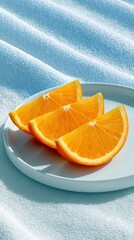 Three orange slices arranged on a white plate, resting on a blue towel, lit by bright sunlight. The image evokes freshness and a summery feel.