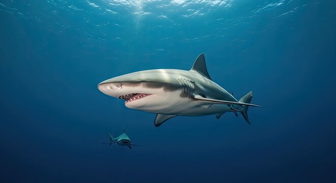 A shark swimming in the ocean with a small fish nearby.
