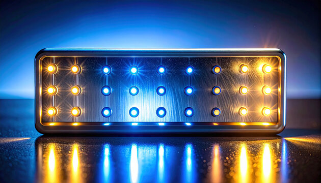 Illuminated Device: A modern, metallic device with an array of glowing lights against a gradient background, suggesting technology and innovation. 