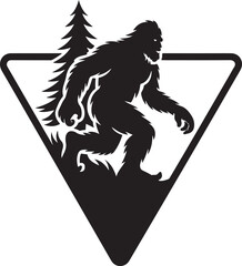 Bigfoot silhouette in triangle with mountain and forest