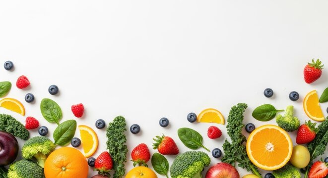 A colorful arrangement of fresh fruits and vegetables on a white background.