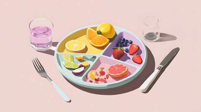 Colorful segmented plate with fresh fruits and a glass of water on a light pink background, healthy eating concept.