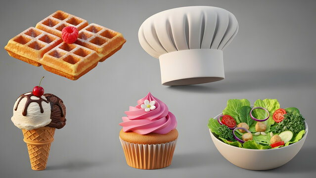 Collection of Delicious Food Items and Chef Hat.