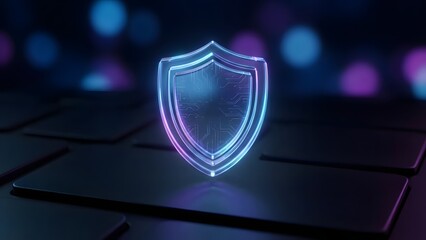 3D translucent glass shield hovering above matte keyboard surface; neon rim lights highlight edges; conveys digital security, protection and modern tech concept.