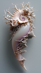 Close-up of a beautifully crafted seashell with intricate details and a light color palette, displayed against a simple gray backdrop.