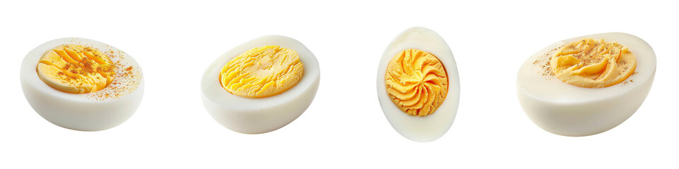 Different styles of sliced hard boiled eggs with various seasonings applied