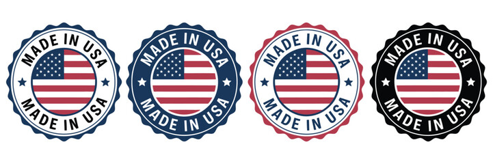 Made In USA Badge Design Featuring Circular Emblem With American Flag Elements, Patriotic Label In Premium Stamp Style, Clean Vector Showing Certification Seal And Authentic Product Mark For Branding