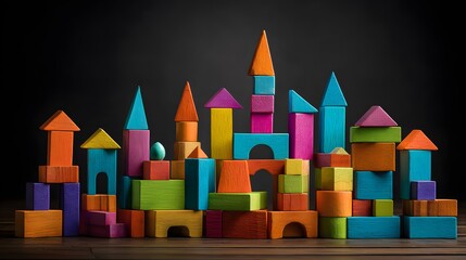 Obraz premium Colorful Wooden Building Blocks Arranged to Form a Whimsical Cityscape on a Dark Background.