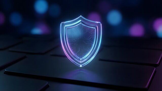 3D translucent glass shield hovering above matte keyboard surface; neon rim lights highlight edges; conveys digital security, protection and modern tech concept.