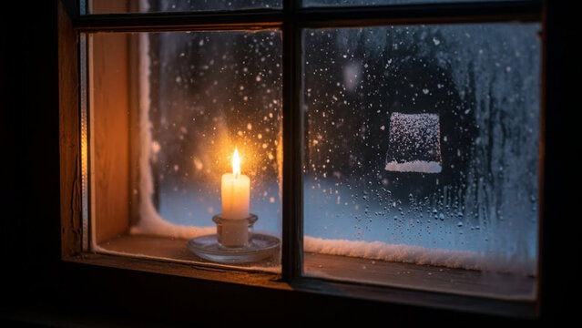 Cozy winter scene candle light window snowy night christmas holiday season peace and quiet home comfort - Powered by Adobe