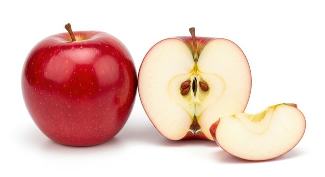 Vibrant red apples whole, halved, and sliced on a clean white background for healthy food concepts - Powered by Adobe