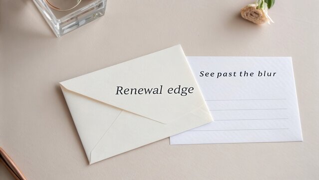 Elegant stationery on beige surface featuring envelope and postcard with inspirational text for personal growth and renewal