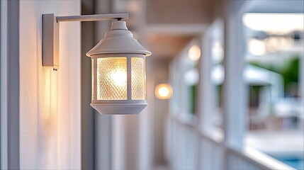 Close-up of a white outdoor lantern mounted on a wall, illuminated with a warm glow, set in a porch environment.