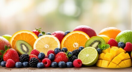 A vibrant assortment of fresh fruits and vegetables on a wooden table, including oranges, strawberries, blueberries, and kiwi slices.