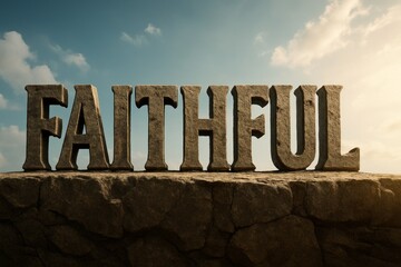 Faithful &mdash; Stone Letters Under Radiant Sky.
The 3D stone word &ldquo;FAITHFUL&rdquo; illuminated by warm sunlight against a dramatic sky, symbolizing God&rsquo;s unchanging character and steadfast love.
