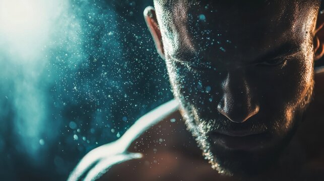 Determined Boxer Sweating After Intense Training, Close-Up of Athlete's Face, Grit and Perseverance, Sports and Fitness, Strength and Power, Dramatic Lighting, Dark and Moody, Focus and Willpower