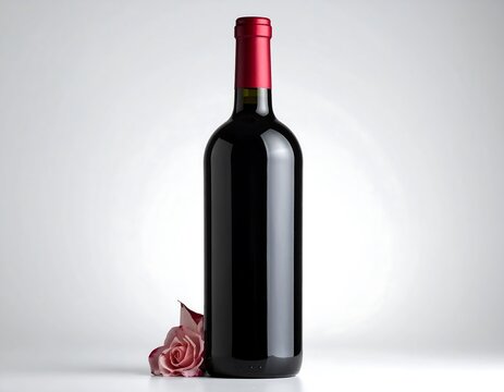Dark glass wine bottle with a red neck stands next to a pink rose, soft light - Powered by Adobe