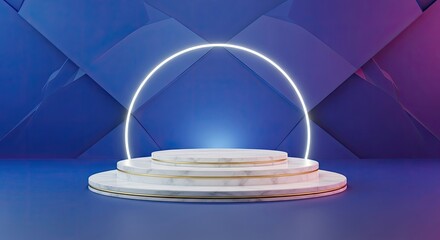 A white and blue geometric background with a circular neon light and a marble podium.