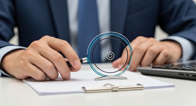 A man in a suit holding a magnifying glass over a document on a desk. - Powered by Adobe