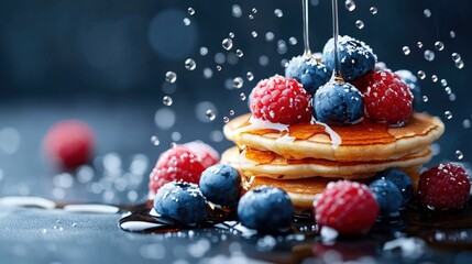 Stack of pancakes topped with fresh blueberries and raspberries, with syrup being poured over them, set against a dark background.