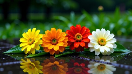 Four colorful daisies with water droplets on reflective surface