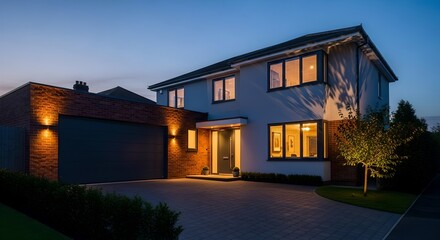Modern Suburban House Glowing Warmly Beside Sleek Side-Hinged Garage Door.