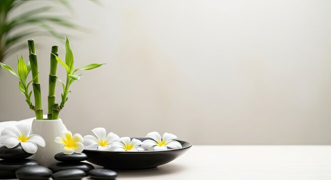 A serene spa setting with bamboo, frangipani flowers, and black stones on a white table. - Powered by Adobe